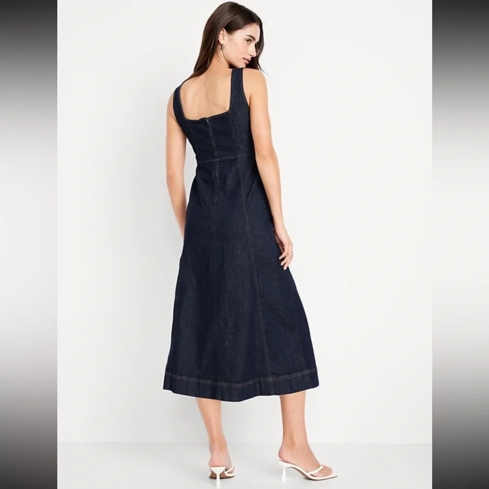 Denim dark blue wash fit and flare square neck midi dress NWT Small - Picture 2 of 7
